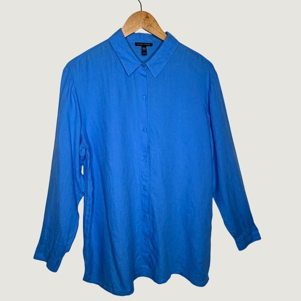 Eileen Fisher Blue Linen Shirt Classic Collar Button Down Blouse M Coastal